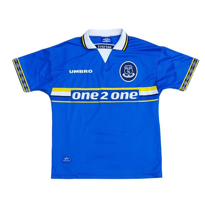 front of Vintage 1997/99 Everton football Shirt