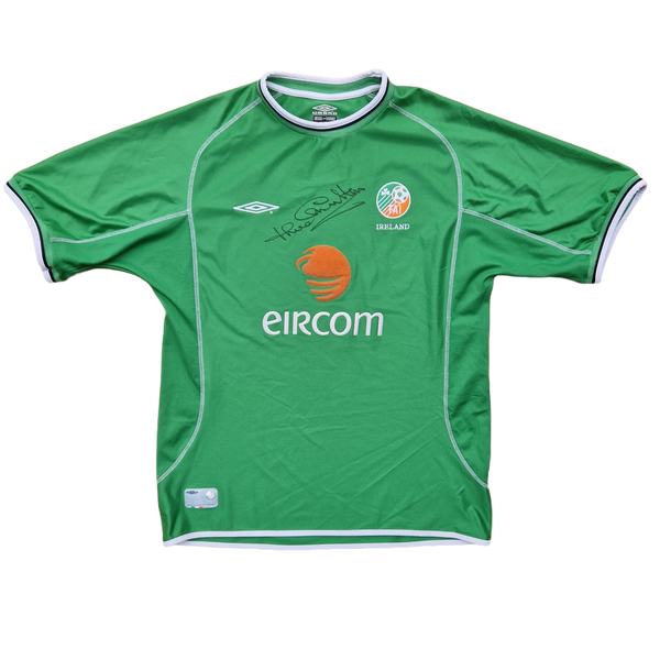 Front of Vintage 2002 Ireland World Cup Ireland jersey signed by Jack Charlton.